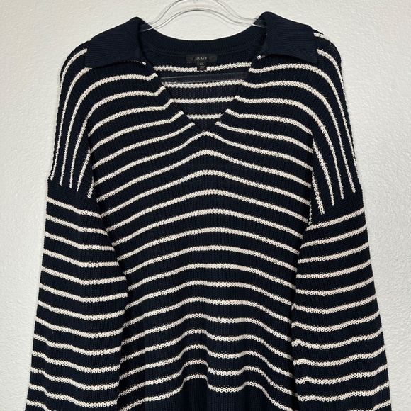 J. Crew women size XL relaxed collared sweater navy stripe cotton preppy - Picture 2 of 14
